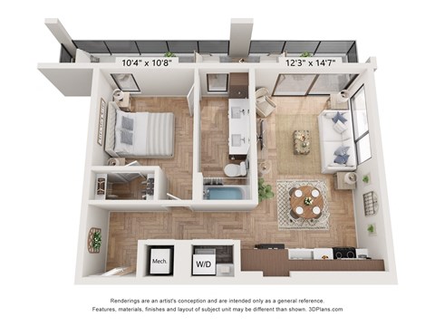 Floor plan for 1 bed, 1 bath, 682 sqft